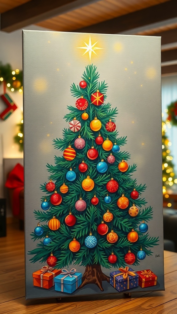 A colorful Christmas tree painting with ornaments and a star, set in a festive holiday environment.